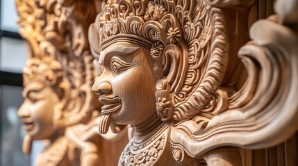 Close-up of a detailed wooden carving of a mythical figure with ornate headdress and intricate details.