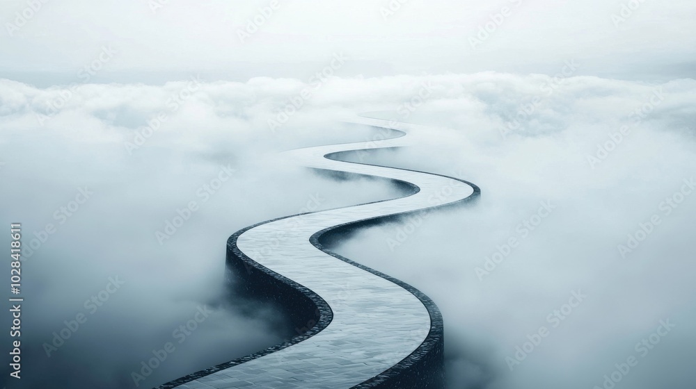 Poster clear path amidst clouds: a winding path leading through misty clouds, but with each step clearly de