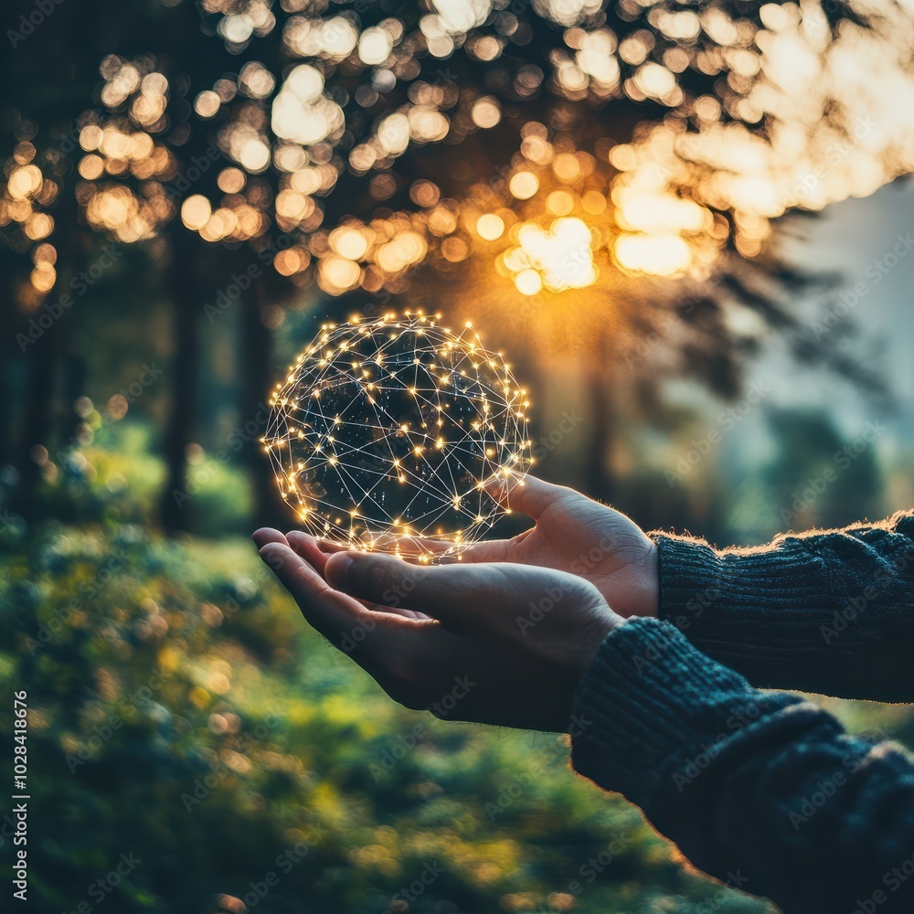 Poster man hands holding global network and data customer connection on nature background. generative ai