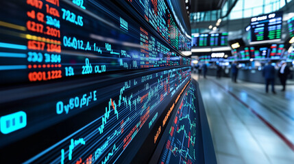 Fototapeta premium Global stock market indices fluctuating due to geopolitical and economic events, visualized through dynamic digital charts on real-time financial platforms