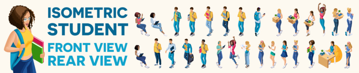 Isometric Kit Students, Characters, Personage. Happy Students Life