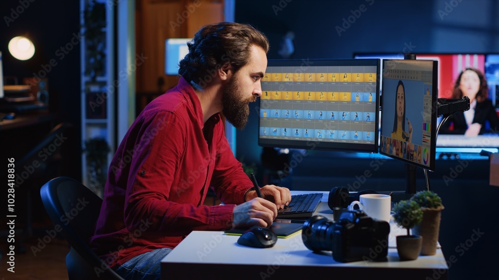Poster expert photo editor enhancing images with precision using graphic tablet in modern studio. professio