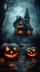 Spooky pumpkins with eerie dark forest background