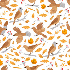 Forest birds vector seamless pattern. Birds and autumn leaves background. Print for packaging, wallpaper, textile.