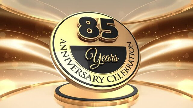 85 years, 85th anniversary logo loop, looped video background, backdrop in 3D Gold 