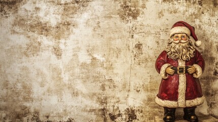A vintage Santa Claus figurine stands against a weathered wall, ready for your holiday message.