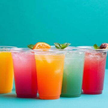 Assortment of colorful tropical drinks in plastic cups, bright background, street food, refreshing beverages