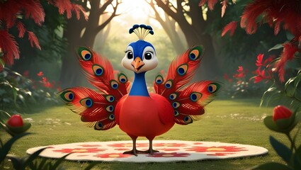 Cute cartoon Peacock with open feathers standing on a flowered circle in the middle of a field