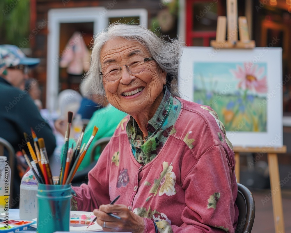 Poster A woman smiles brightly as she paints. AI.