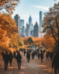 Obraz premium A vibrant autumn day in a busy city park filled with people enjoying the scenery and activities