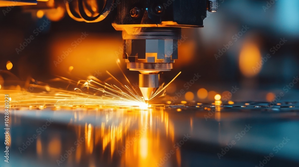Poster a close-up of a laser cutting machine creating sparks while processing metal.
