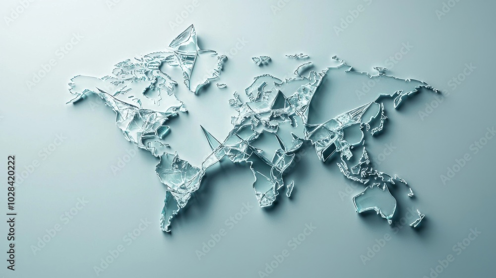 Poster cracked global map with broken arrows: a world map made of fragile glass, with arrows pointing outwa