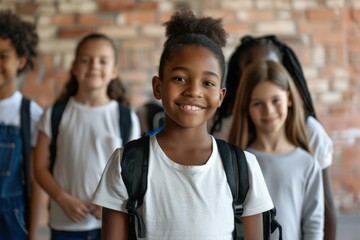 Fototapeta premium A young girl smiles as she stands with her classmates. AI.