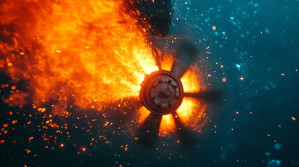 A dynamic underwater scene showcasing a propeller generating flames and sparks amidst the blue depths, highlighting the power of technology in aquatic environments.