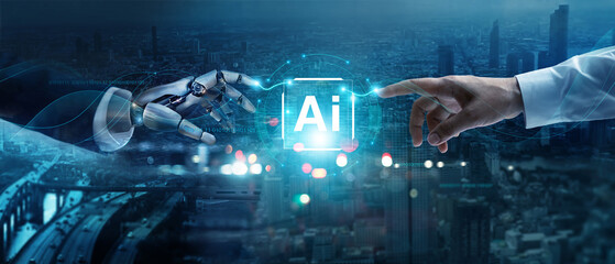 AI, Machine learning, Hands of robot and human touching big data of Global network of create...
