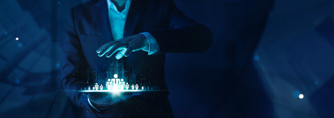 CRM, Customer manage strategy. customer acquisition to enhance business growth and success, Businessman use smart data intelligence technology search for efficient candidate,Human resource recruitment