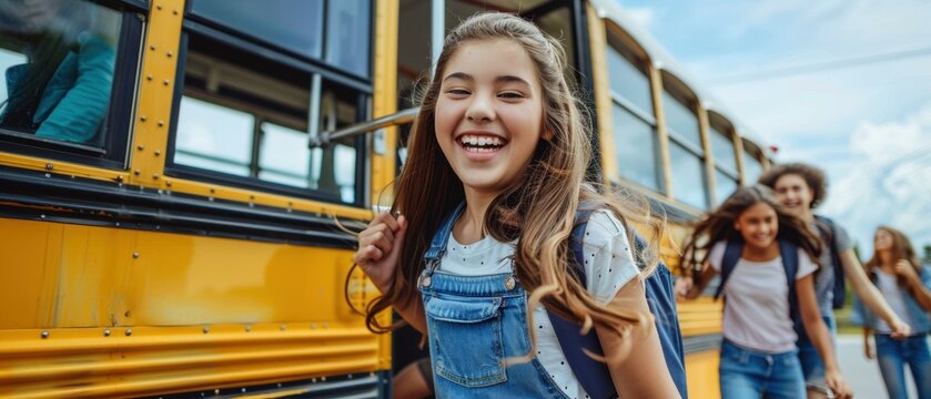 Happy girl getting off the bus. AI.