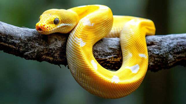 A bright yellow python coiled on a branch