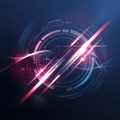 Obraz premium A futuristic vector illustration with a dark blue gradient background, featuring glowing diagonal light streaks in pink and red. Ai Generated