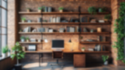 Blurred background of a cozy contemporary loft workspace during a video call with exposed brick