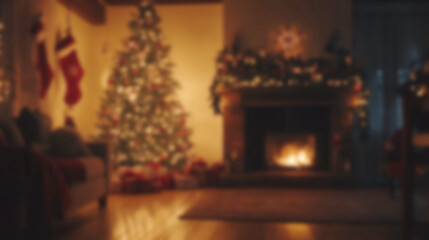 A cozy Christmas living room featuring a decorated tree and fireplace ambiance during a video call