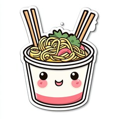 Cartoon Illustration of a Smiling Cup of Ramen Noodles with Chopsticks