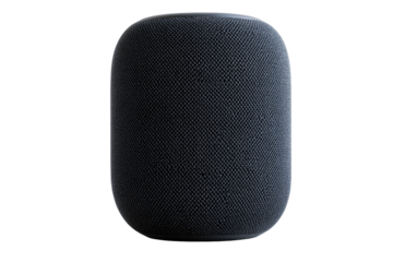 Black smart speaker with mesh covering, circular shape, isolated, white background. PNG transparent.