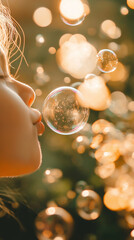 Obraz premium Close-up of a child blowing soap bubbles