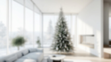 Modern minimalist Christmas tree in a bright living room with a blurred holiday backdrop