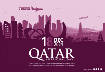 Fototapeta premium Exclusive Qatar National Day 18th December 2024 Celebration Design with Doha City Skyline and Desert Illustration. Best for Qatar Banner, Background, Events, Tourism, Calendar. Vector Illustration. 