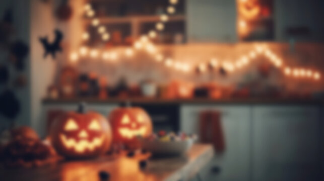 Soft-focus Halloween kitchen interior decorated with pumpkins and lights for a festive atmosphere