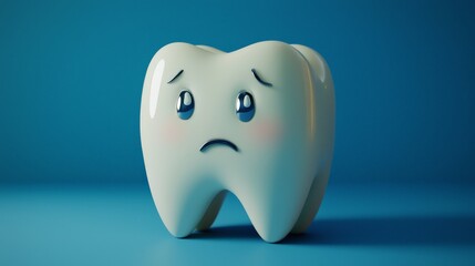 3D cartoon model of a sad tooth character on a blue background