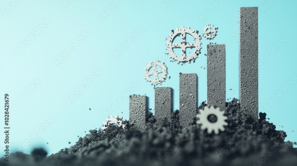 Poster declining productivity graph: a 3d bar chart showing downward economic trends with gears and machine