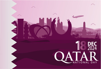 Exclusive Qatar National Day 18th December 2024 Background with Doha City Landmarks and Katara Towers Illustration. Best for Qatar Background, Banner, Events, Tourism, Calendar.Vector Illustration. 