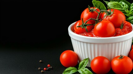 Fresh tomatoes and basil leaves with tomato sauce in a bowl on a dark background.
