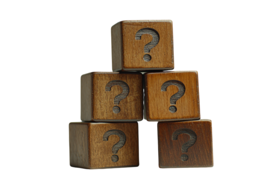 Wooden cubes with question marks arranged in a pyramid, white background. PNG transparent.
