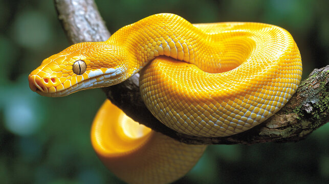 A bright yellow python coiled around a branch