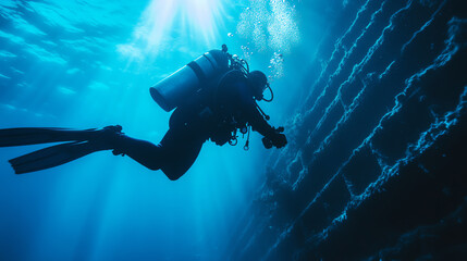 A scuba diver exploring an underwater structure with beams of sunlight penetrating the ocean surface, creating a serene and adventurous atmosphere.