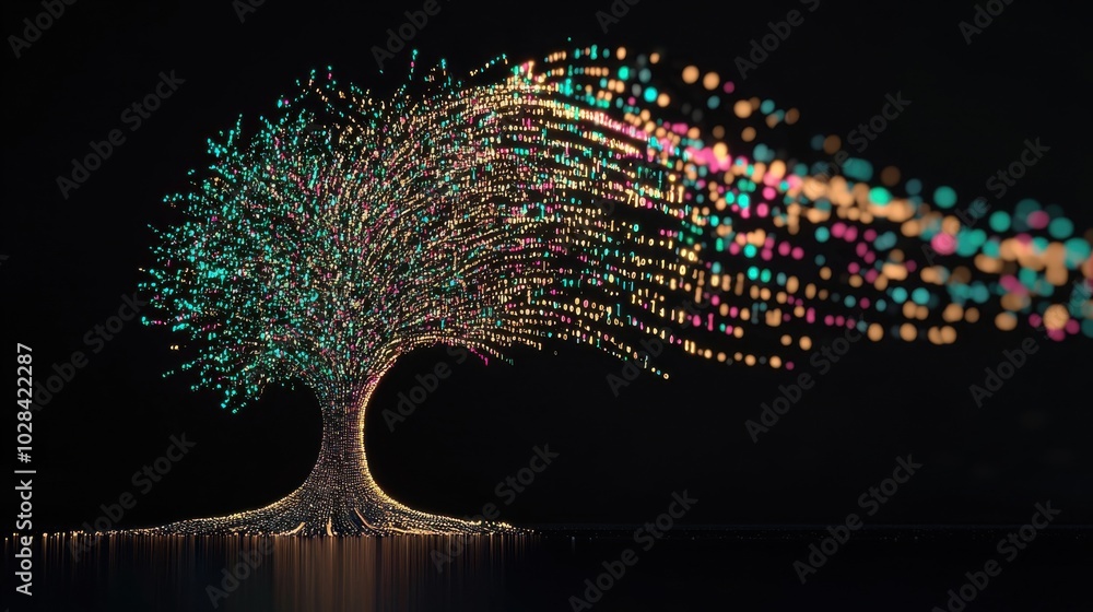 Poster digital tree of life and work: a tree with its trunk made of binary code and digital textures, but i