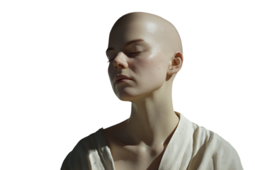 Bald woman with serene expression, eyes closed, head tilted upward, white background. PNG transparent.