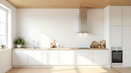 Fototapeta premium Minimalist kitchen with white walls, natural wood and large windows that let in light