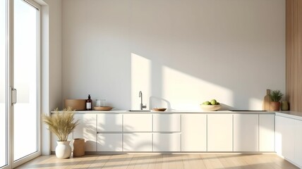 Fototapeta premium Minimalist kitchen with white walls, natural wood and large windows that let in light