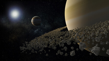 Saturn and ring close-up, the planet in the space, solar system, 3d render