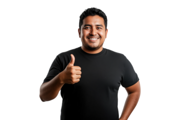 Portrait of a Hispanic man giving a thumbs up with a friendly smile on a transparent background