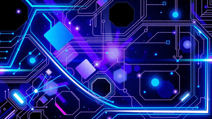 A vibrant neon circuit board design in purple and blue tones, showcasing interconnected glowing lines and futuristic geometric patterns