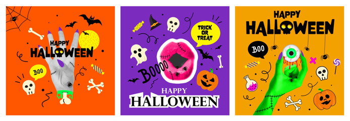 Halloween halftone collage poster templates set for mixed media design. Monster eyes, zombie hands, vampire mouth. Spooky modern cut out elements and doodles. Trendy pop art vector illustration