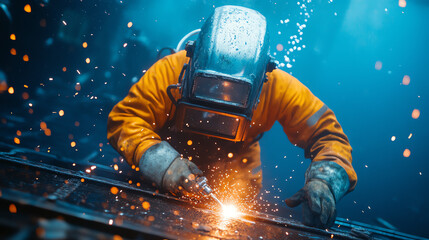 A skilled welder in protective gear works meticulously on a metal structure, sparks flying in an industrial setting. The image captures the precision and energy of welding.