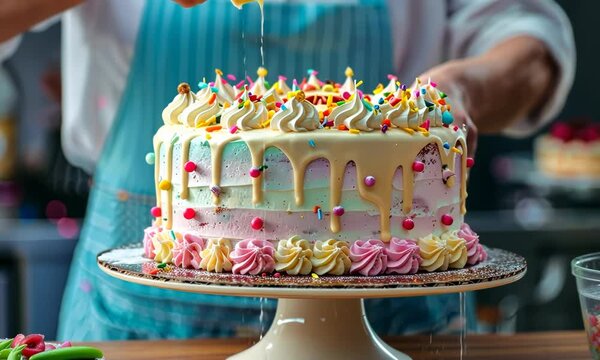 A person is decorating a cake with sprinkles and frosting Video