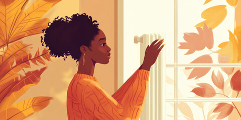 Artistic depiction of an African woman adjusting a radiator in a cozy room with warm autumn colors, highlighting the balance between indoor comfort and seasonal changes...