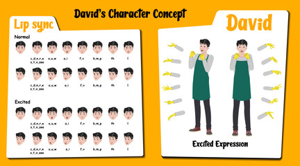 A excited housekeeper cartoon character AKA David. Caretaker cartoon vector character. Excited face expressions and lip sync. Set of caretaker with various hand gesture and front and 1/3 standing pose